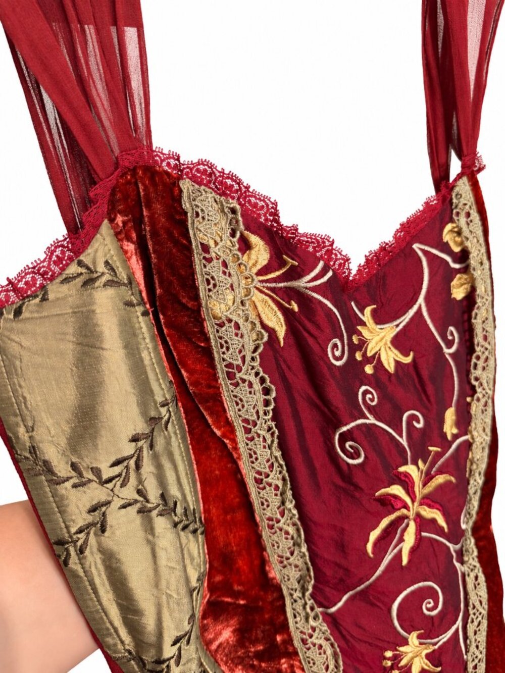 Hale Bob Silk Embroidered Bustier Corset Burgundy Olive M Whimsigoth - Picture 2 of 9